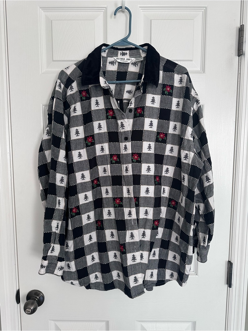 Checked Black & White Button-Down Shirt with Holiday Accents